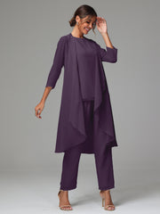 3 Pieces Long Sleeves Chiffon Mother Of The Bride Dress Pants Suits