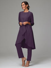 3 Pieces Long Sleeves Chiffon Mother Of The Bride Dress Pants Suits