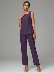 3 Pieces Long Sleeves Chiffon Mother Of The Bride Dress Pants Suits