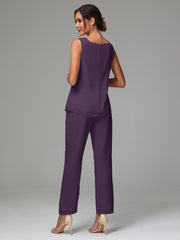 3 Pieces Long Sleeves Chiffon Mother Of The Bride Dress Pants Suits