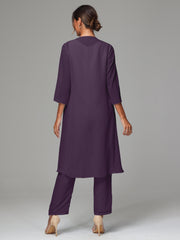 3 Pieces Long Sleeves Chiffon Mother Of The Bride Dress Pants Suits