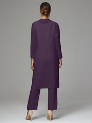 3 Pieces Long Sleeves Chiffon Mother Of The Bride Dress Pants Suits