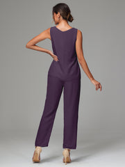 3 Pieces Long Sleeves Chiffon Mother Of The Bride Dress Pants Suits