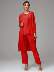 3 Pieces Long Sleeves Chiffon Mother Of The Bride Dress Pants Suits
