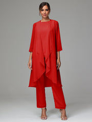3 Pieces Long Sleeves Chiffon Mother Of The Bride Dress Pants Suits