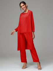 3 Pieces Long Sleeves Chiffon Mother Of The Bride Dress Pants Suits
