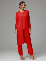 3 Pieces Long Sleeves Chiffon Mother Of The Bride Dress Pants Suits