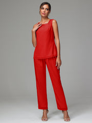 3 Pieces Long Sleeves Chiffon Mother Of The Bride Dress Pants Suits