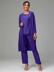 3 Pieces Long Sleeves Chiffon Mother Of The Bride Dress Pants Suits