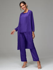 3 Pieces Long Sleeves Chiffon Mother Of The Bride Dress Pants Suits