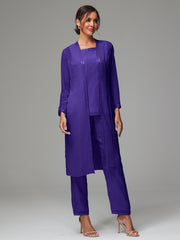 3 Pieces Long Sleeves Chiffon Mother Of The Bride Dress Pants Suits