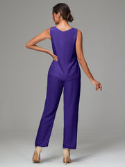 3 Pieces Long Sleeves Chiffon Mother Of The Bride Dress Pants Suits