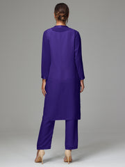 3 Pieces Long Sleeves Chiffon Mother Of The Bride Dress Pants Suits