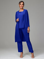 3 Pieces Long Sleeves Chiffon Mother Of The Bride Dress Pants Suits