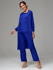 3 Pieces Long Sleeves Chiffon Mother Of The Bride Dress Pants Suits