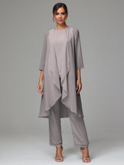 3 Pieces Long Sleeves Chiffon Mother Of The Bride Dress Pants Suits