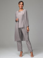 3 Pieces Long Sleeves Chiffon Mother Of The Bride Dress Pants Suits