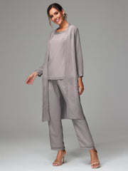 3 Pieces Long Sleeves Chiffon Mother Of The Bride Dress Pants Suits