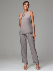 3 Pieces Long Sleeves Chiffon Mother Of The Bride Dress Pants Suits