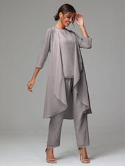 3 Pieces Long Sleeves Chiffon Mother Of The Bride Dress Pants Suits