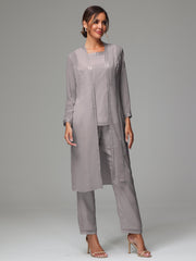 3 Pieces Long Sleeves Chiffon Mother Of The Bride Dress Pants Suits