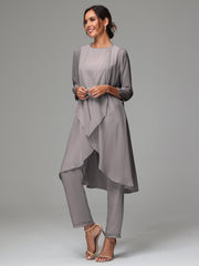 3 Pieces Long Sleeves Chiffon Mother Of The Bride Dress Pants Suits