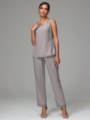 3 Pieces Long Sleeves Chiffon Mother Of The Bride Dress Pants Suits