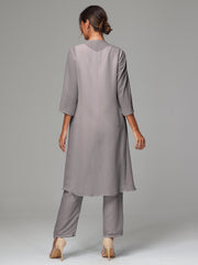 3 Pieces Long Sleeves Chiffon Mother Of The Bride Dress Pants Suits