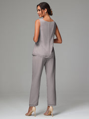 3 Pieces Long Sleeves Chiffon Mother Of The Bride Dress Pants Suits