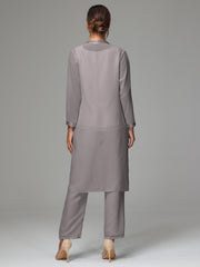 3 Pieces Long Sleeves Chiffon Mother Of The Bride Dress Pants Suits