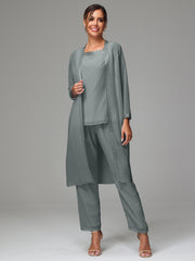 3 Pieces Long Sleeves Chiffon Mother Of The Bride Dress Pants Suits