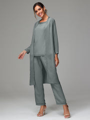 3 Pieces Long Sleeves Chiffon Mother Of The Bride Dress Pants Suits
