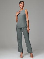 3 Pieces Long Sleeves Chiffon Mother Of The Bride Dress Pants Suits