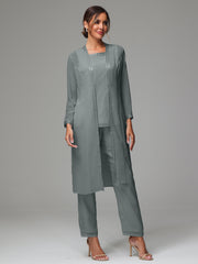 3 Pieces Long Sleeves Chiffon Mother Of The Bride Dress Pants Suits