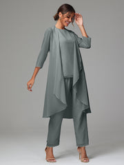 3 Pieces Long Sleeves Chiffon Mother Of The Bride Dress Pants Suits