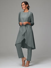 3 Pieces Long Sleeves Chiffon Mother Of The Bride Dress Pants Suits