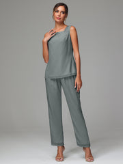 3 Pieces Long Sleeves Chiffon Mother Of The Bride Dress Pants Suits