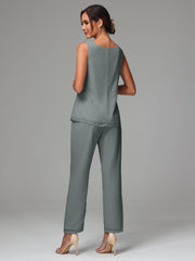 3 Pieces Long Sleeves Chiffon Mother Of The Bride Dress Pants Suits