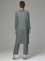3 Pieces Long Sleeves Chiffon Mother Of The Bride Dress Pants Suits