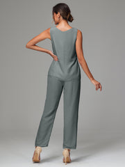 3 Pieces Long Sleeves Chiffon Mother Of The Bride Dress Pants Suits