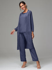 3 Pieces Long Sleeves Chiffon Mother Of The Bride Dress Pants Suits
