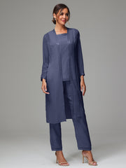 3 Pieces Long Sleeves Chiffon Mother Of The Bride Dress Pants Suits