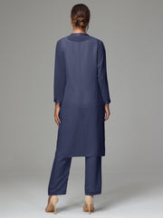 3 Pieces Long Sleeves Chiffon Mother Of The Bride Dress Pants Suits
