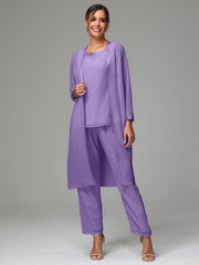 3 Pieces Long Sleeves Chiffon Mother Of The Bride Dress Pants Suits