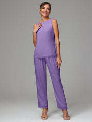 3 Pieces Long Sleeves Chiffon Mother Of The Bride Dress Pants Suits