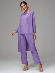 3 Pieces Long Sleeves Chiffon Mother Of The Bride Dress Pants Suits