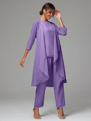 3 Pieces Long Sleeves Chiffon Mother Of The Bride Dress Pants Suits