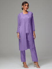 3 Pieces Long Sleeves Chiffon Mother Of The Bride Dress Pants Suits