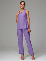 3 Pieces Long Sleeves Chiffon Mother Of The Bride Dress Pants Suits