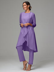 3 Pieces Long Sleeves Chiffon Mother Of The Bride Dress Pants Suits